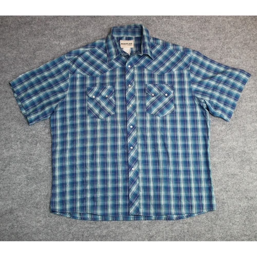 Rustler by Wrangler‎ Western SS Shirt Mens 2XL Blue Plaid Pearl Snap Cowboy